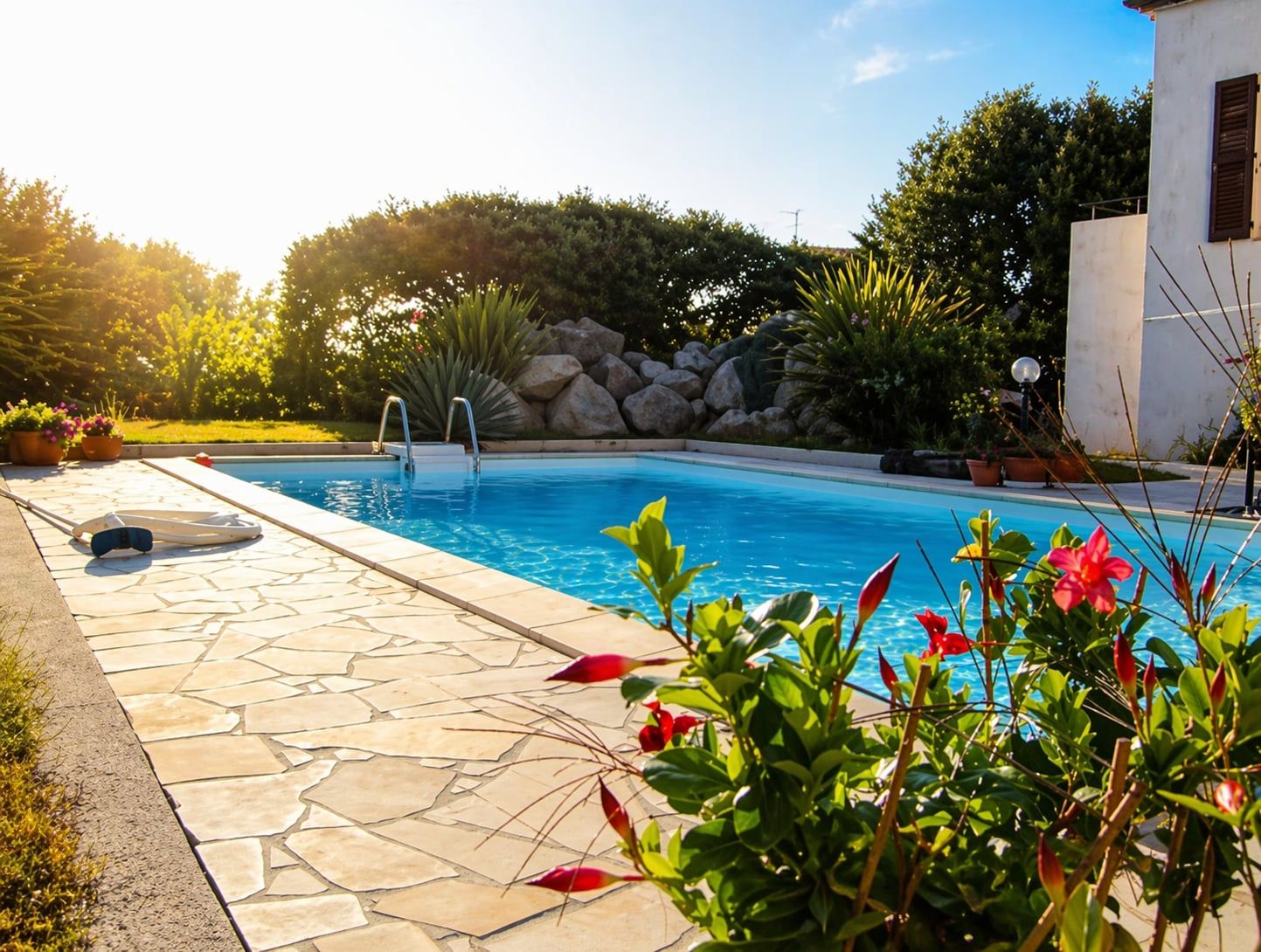 Beheizter Privatpool im Abendlicht, umgeben vom mediterranen Garten der Casa di Lumi