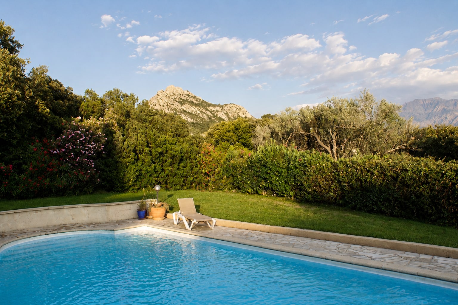 Beheizter Privatpool mit Liege, blühendem Oleander und Blick auf die Berge der Balagne